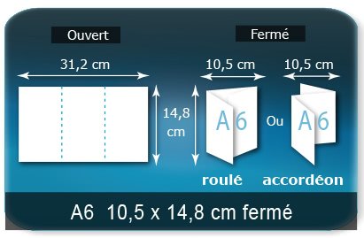 Dépliants / Plaquettes ouvert 312x148mm - fermé A6 105x148mm 3 volets plié 2 plis type de pliage roulé ou accordéon en Z Dépliants / Plaquettes ouvert 312x148mm - fermé A6 105x148mm 3 volets plié 2 plis type de pliage roulé ou accordéon en Z