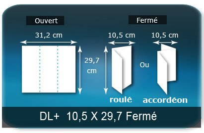 Dépliants / Plaquettes ouvert 312x297mm - fermé 105x297mm 3 volets plié 2 plis type de pliage roulé ou accordéon en Z Dépliants / Plaquettes ouvert 312x297mm - fermé 105x297mm 3 volets plié 2 plis type de pliage roulé ou accordéon en Z