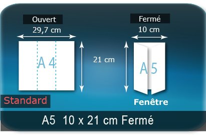 Dépliants / Plaquettes ouvert A4 297x210mm - fermé A5 148x210mm 3 volets plié 2 plis type de pliage portefeuille Dépliants / Plaquettes ouvert A4 297x210mm - fermé A5 148x210mm 3 volets plié 2 plis type de pliage portefeuille