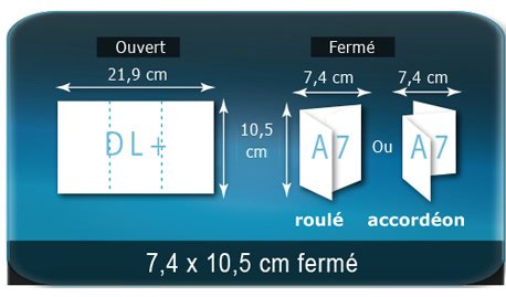 Dépliants / Plaquettes ouvert DL 219X105mm - fermé 74x105mm 3 volets plié 2 plis type de pliage roulé ou accordéon en Z Dépliants / Plaquettes ouvert DL 219X105mm - fermé 74x105mm 3 volets plié 2 plis type de pliage roulé ou accordéon en Z