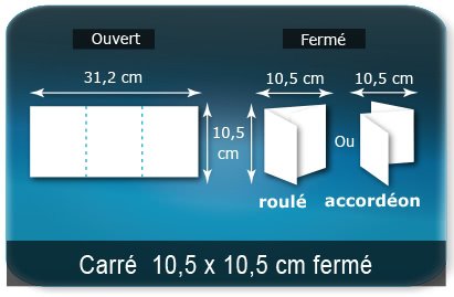 Dépliants / Plaquettes ouvert 10cm x31 cm - fermé 10x10 cm 3 volets carré plié 2 plis type de pliage roulé ou accordéon en Z Dépliants / Plaquettes ouvert 312x100mm - fermé 105x105mm 3 volets carré plié 2 plis type de pliage roulé ou accordéon en Z
