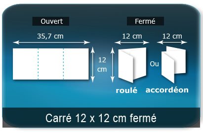 Dépliants / Plaquettes ouvert 357x120mm - fermé 120x120 mm 3 volets carré plié 2 plis type de pliage roulé ou accordéon en Z Dépliants / Plaquettes ouvert 357x120mm - fermé 120x120 mm 3 volets carré plié 2 plis type de pliage roulé ou accordéon en Z