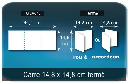 Dépliants / Plaquettes ouvert 444x148mm - fermé 148x148mm 3 volets carré plié 2 plis type de pliage roulé ou accordéon en Z Dépliants / Plaquettes ouvert 444x148mm - fermé 148x148mm 3 volets carré plié 2 plis type de pliage roulé ou accordéon en Z