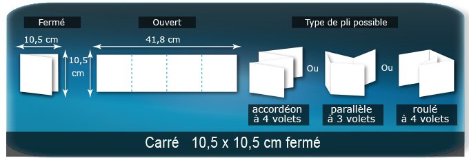 Dépliants / Plaquettes ouvert 418x105mm - fermée 105x105mm plié 3 plis 4 volets carré type de pliage roulé ou accordéon en Z Dépliants / Plaquettes ouvert 418x105mm - fermée 105x105mm plié 3 plis 4 volets type de pliage roulé ou accordéon en Z