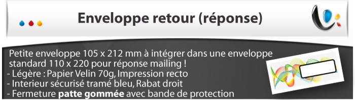 Imprimeurs de enveloppe Enveloppe retour (enveloppe réponse), 105 X 212 mm, Standard 70g Velin Blanc, Interieur sécurisé tramé bleu 3,6g, Fermeture Patte gommée trapézoïdale